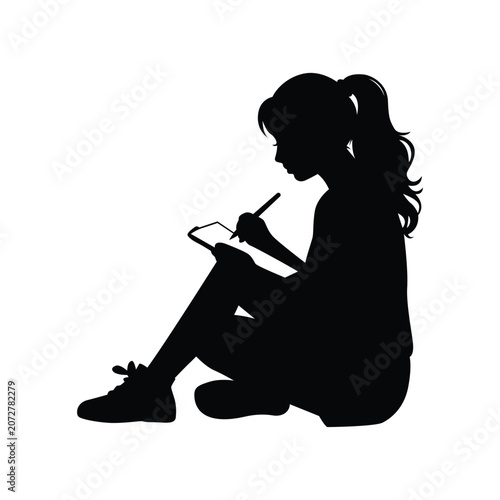Girl writing in notebook silhouette isolated on transparent background. Female student studying, taking notes, learning, education concept, seated young woman vector illustration.