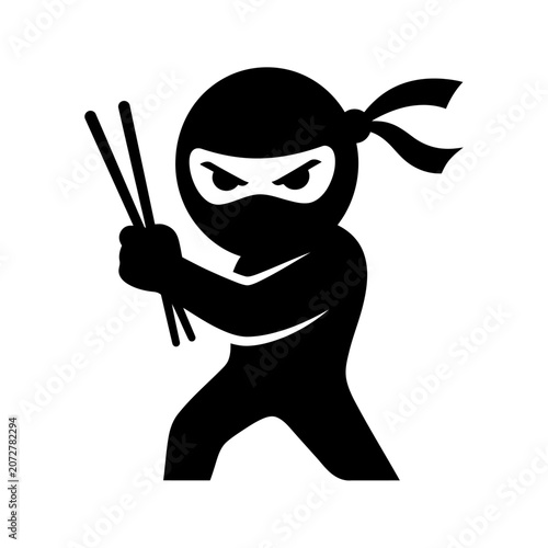Black ninja silhouette holding chopsticks on white.