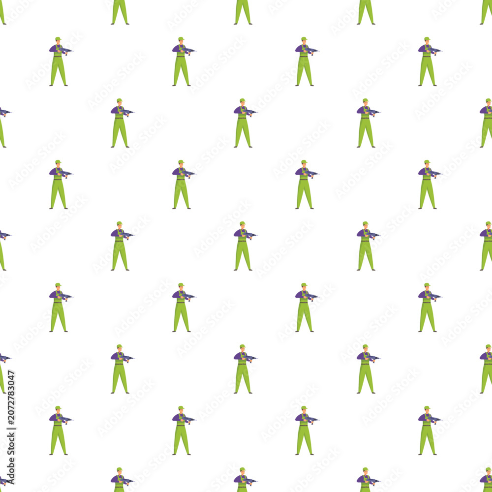 Fototapeta premium Cartoon soldiers in green uniforms standing with rifles creating a seamless pattern
