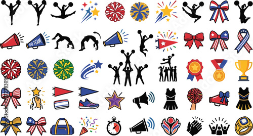 Foto School spirit cheerleading vector icons set with cheerleader silhouettes team po