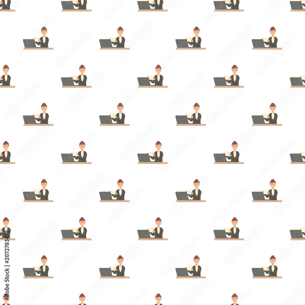 Fototapeta premium Business women are working at desks with laptops, creating a seamless pattern