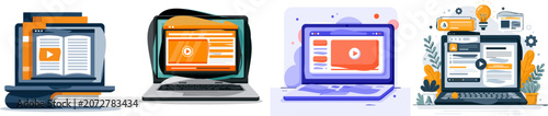 A sleek laptop screen displays a modern online e-learning platform interface with video lessons, featuring flat design elements in deep blue, bright orange, and white colors, set against a minimalist