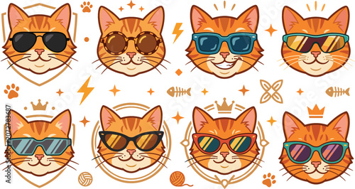 Foto Cool orange tabby cat wearing sunglasses cartoon sticker set featuring cute kitt