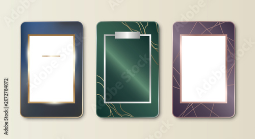 luxury vertical abstract frames elegant deep blue, emerald green, and purple gradients with metallic gold, silver, and rose gold borders, blank white copy spaces for text or photo placeholders