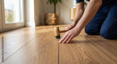 Installing Wooden Floor Planks with Hammer in Bright Room
