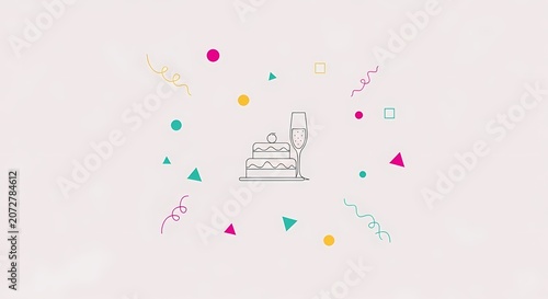 Minimalist line art birthday cake with colorful confetti.
