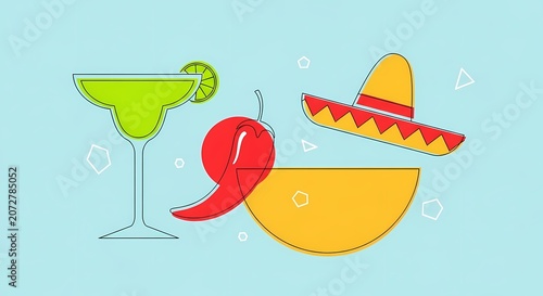 Minimalist line art of margarita and Mexican symbols.