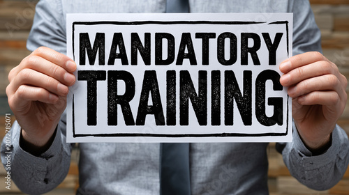 Person holds sign with 'Mandatory Training' text, business requirement