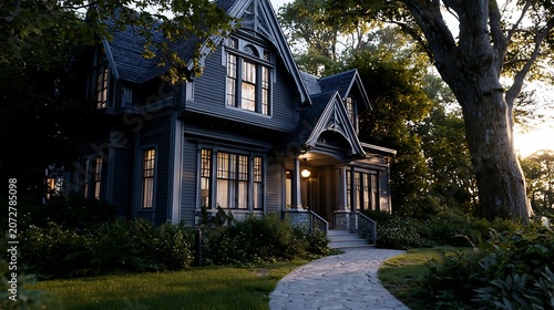 Grand Mansion Exterior at Dusk / 夕暮れ時に温かい光が灯る壮大な邸宅の外観