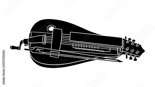 Vászonkép Hurdy Gurdy Silhouette: A striking black silhouette of a hurdy-gurdy, a medieval stringed musical instrument, showcased against a stark background