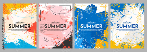 Vector illustration. Bright summer background. Paint brush strokes, hand drawn doodle elements and halftone dots. Trendy abstract design for cover, brochure, magazine, poster, flyer. Childish style