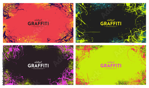 Vector illustration. Hand drawn abstract frame set. Messy paint splatter and halftone dots. Design for presentation, web banner. Retro vintage background collection in acidic bold colors