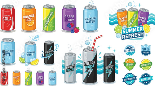 Canvastavla Soda aluminum cans set with energy drink sparkling water and fruit juice vector