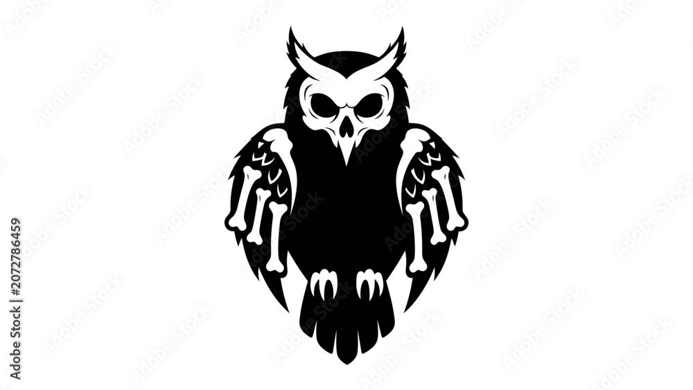 Fototapeta premium Skull Owl Emblem: A stylized owl with a skull for a face and bone-like wing embellishments, rendered in stark black and white, creates an impactful and iconic emblem.