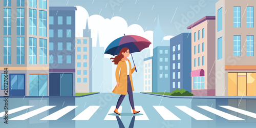 A woman walks with an umbrella in the city during the rainy season.