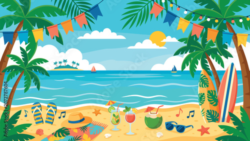 Summer Beach Vacation Landscape Illustration with Tropical Paradise Scene white background