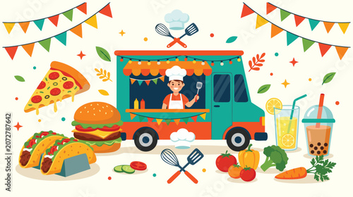 Food Festival Truck Illustration with Street Cuisine Elements Design white background
