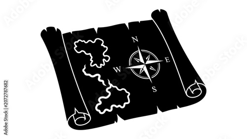Bild auf Leinwand Ancient Treasure Map: An antique scroll, unfurled to reveal a stylized map with an island silhouette and a compass rose, suggesting adventure and discovery