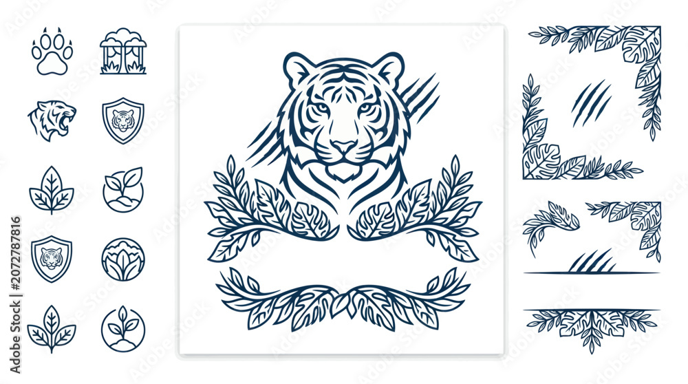 Αυτοκόλλητο Tiger Head Emblem with Floral Wreath and Nature Icons