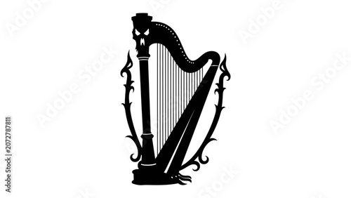 Tableau sur toile Gothic Harp of Mystery: An ornate black harp with a skull-shaped headpiece and intricate decorative elements evokes a sense of dark elegance and melancholic beauty