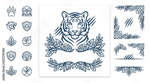 Canvas Print Tiger Head Emblem with Floral Wreath and Nature Icons