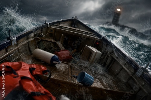 A small boat tossed on stormy waves, interior in disarray.