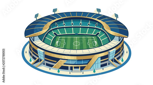 Obraz na płótnie Modern Soccer Stadium with Green Field and Blue Seating - Aerial View