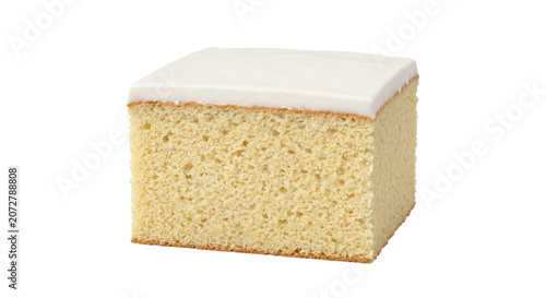 Принти на полотні Square slice of sponge cake with white icing on transparent background