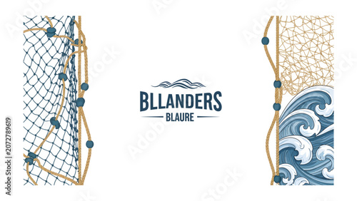 Fotografía Nautical Design Elements: This graphic showcases a blend of fishing net and wave motifs, hinting at maritime themes
