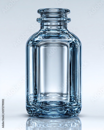 Empty clear glass bottle with screw cap on reflective surface