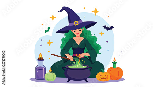 Witch stirring green potion cauldron.