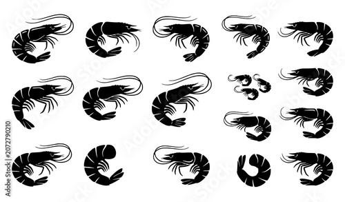 Cuadro en lienzo Prawn silhouette bundle isolated set with shrimp seafood marine crustacean symbo
