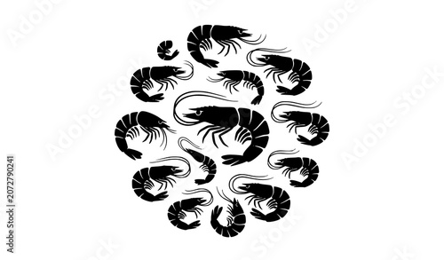 Tableau sur toile Black prawn silhouette collection featuring shrimp seafood crustaceans and marin