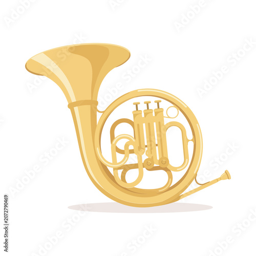 Photography Golden french horn musical instrument isolated on a plain white background, feat