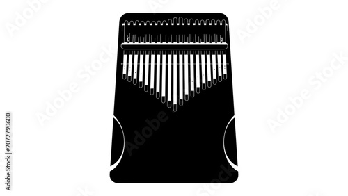 Fotografie Kalimba Musical Instrument: A black kalimba, also known as a thumb piano, displayed from the front, showcasing its metal tines arranged on a wooden body, ready to create melodic tunes