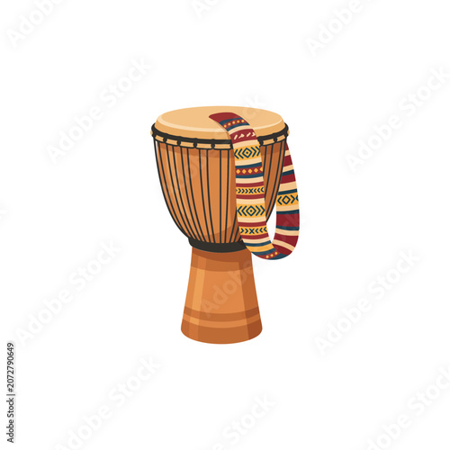 Fotografie Traditional african djembe drum with colorful geometric patterned strap isolated