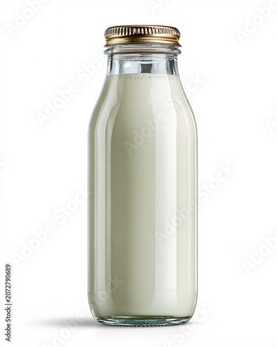 Glass bottle of milk with metal cap on white background