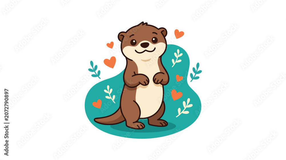 Obraz premium Adorable aquatic otter smiling on turquoise ground in playful flat vector graphic for juvenile literature publishing