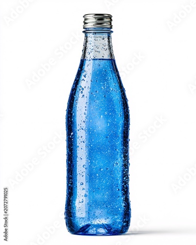 Blue glass bottle with condensation and metal cap on white background