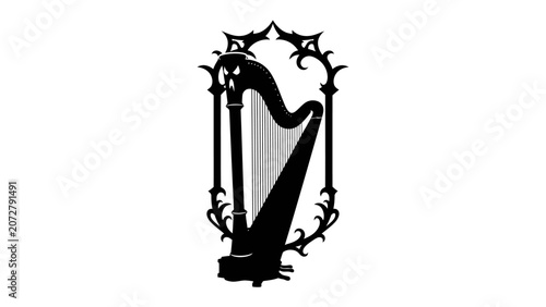Cuadro en lienzo Ornate Harp Silhouette: An elegant harp, rendered as a striking black silhouette with intricate decorative framing, stands as a symbol of classical music and artistry