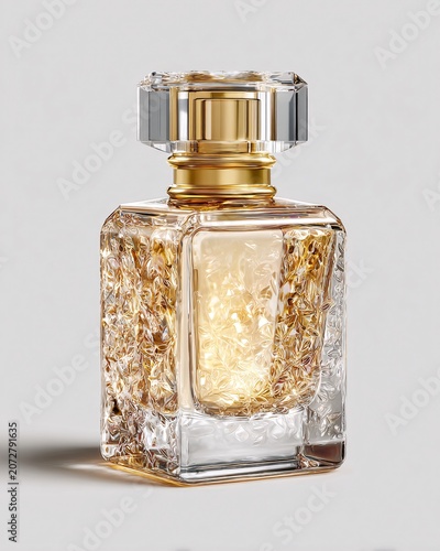 Gold geometric perfume bottle with faceted glass and warm glowing light