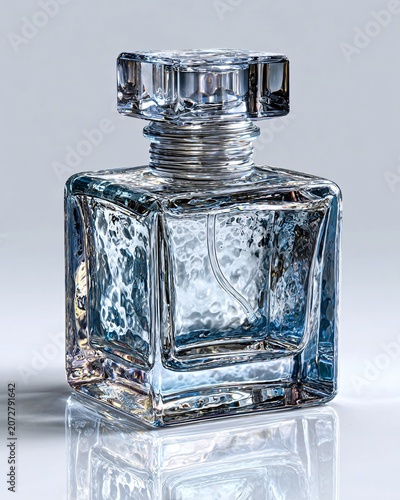 Clear glass perfume bottle with faceted stopper on reflective surface