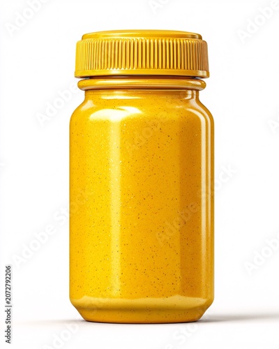 Yellow mustard powder in glass jar with screw lid on white background