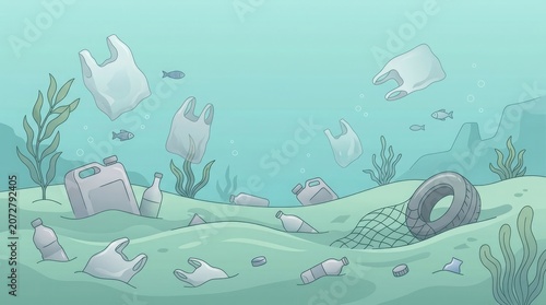 Plastic pollution floats through deep ocean water with discarded fishing net and various debris