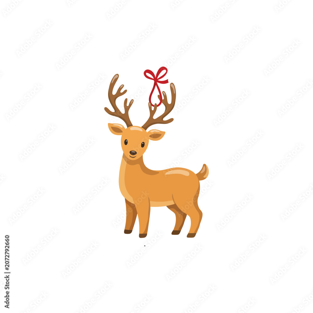 Obraz premium Adorable cartoon reindeer christmas ornament with red ribbon for holiday tree decoration isolated on a clean white background