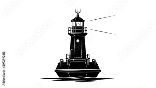 Konstfotografi Seaside Sentinel: A majestic black lighthouse stands tall on the water, its powerful beam cutting through the darkness to guide ships safely to shore