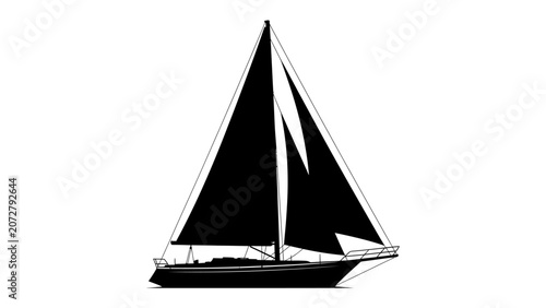 Foto Sleek Black Sailboat Silhouette: A striking silhouette of a modern sailboat with billowing black sails stands against a plain background, highlighting its elegant design and nautical charm