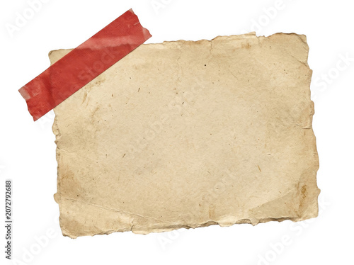 Torn aged paper fragment with red tape securing corner for vintage message isolated on transparent background