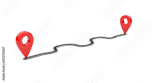 Two red location pins connected by a winding path representing a journey or route isolated on a clean background