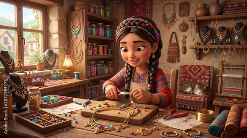 smiling cheerfully as she strings a traditional gold necklace in her studio filled with beautiful beads.